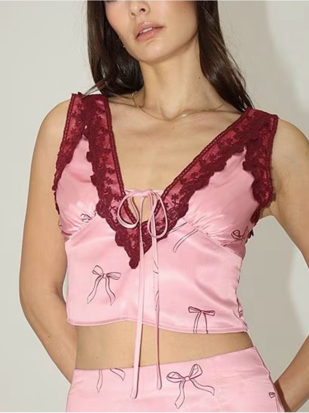 Bailey Rose Satin Lace-Trim Bow Print Crop Top